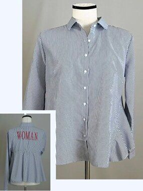 NWT - “Woman” Shirt in Navy-White Stripe CARE OF YOU Paris , Embroidered - M/L